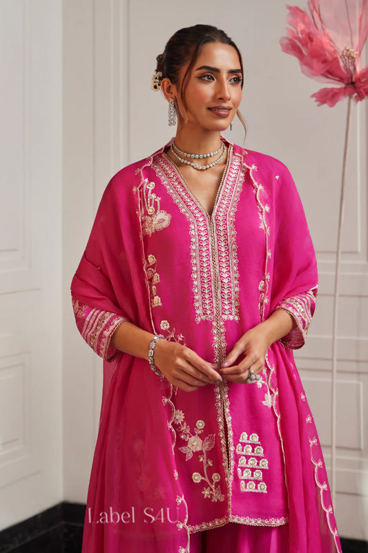 Hot pink stunning v neck short top palazzo suit