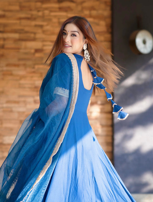 Royal blue elegant gota work rayon fit and flare anarkali kurta set