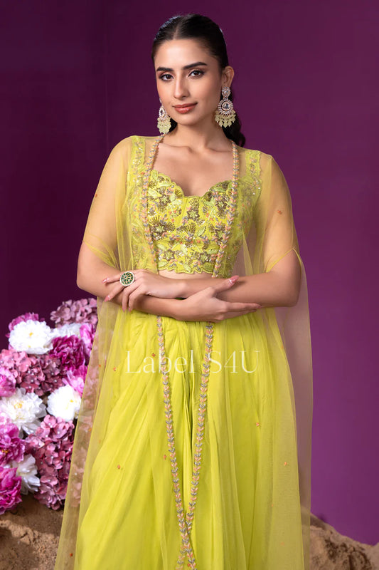 Lemon heavy handwork indo western with shrug