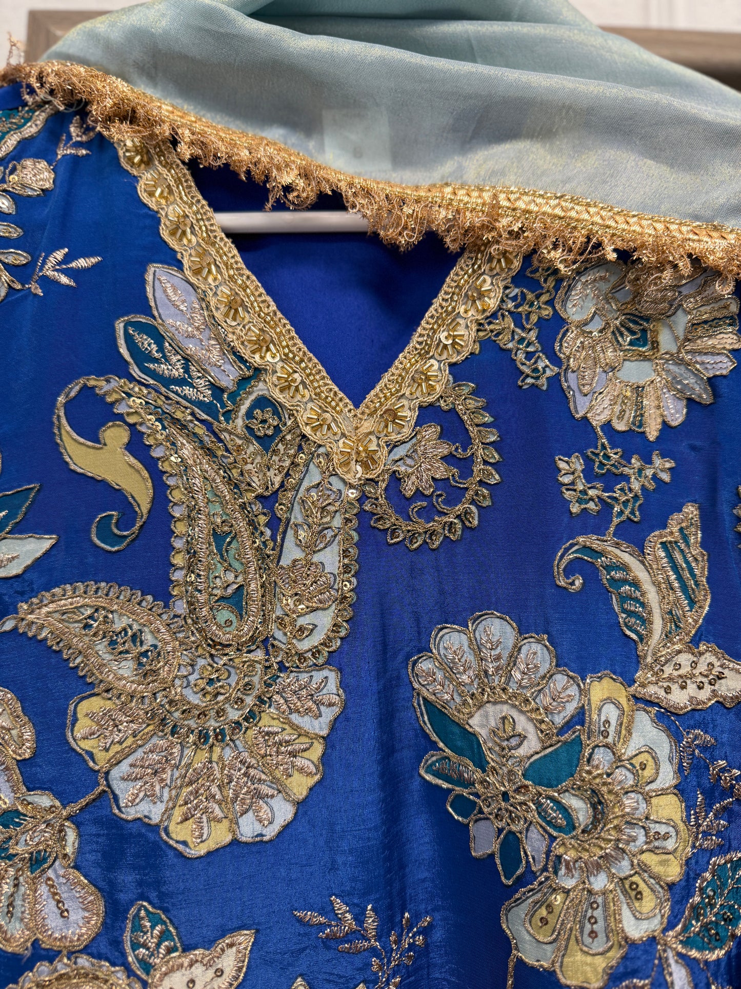 Stunning blue silk sharara suit with tissue sharara and dupatta