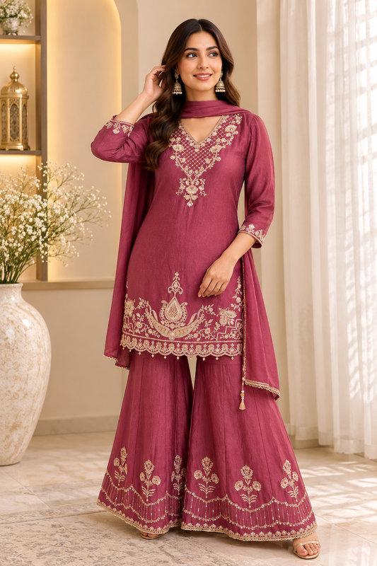 Deep rose beautiful handwork sharara suit