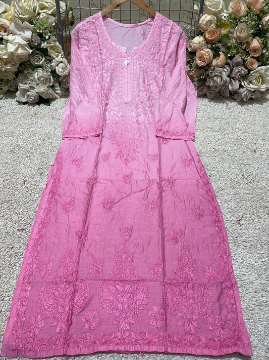 Pink shaded chikankari kurti chanderi fabric