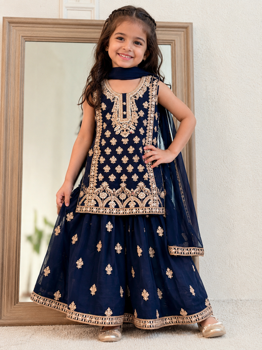 Kids Navy Blue heavy handwork mirror work sharara suit