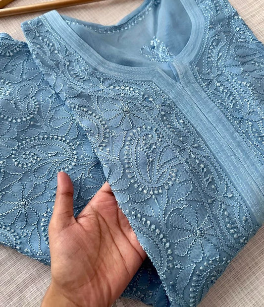 Ice blue pure viscose premium chikankari kurti with lining