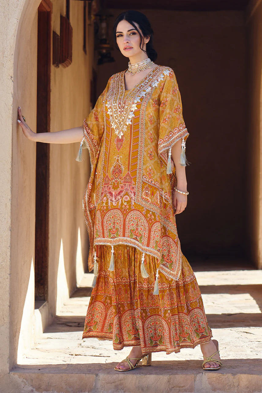 Mango crepe partywear kaftan sharara set