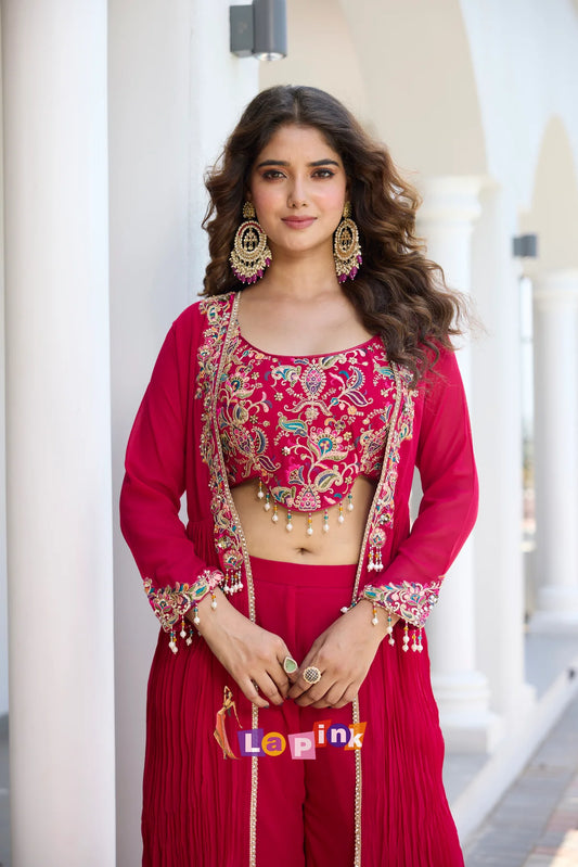 Hot magenta pink crop top palazzo and shrug indonwestern