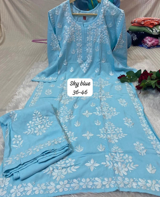 Plus size sky blue modal chikankari kurti and palazzo