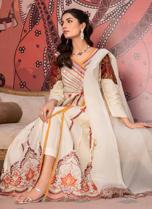 Cream heavy gota and mirror work anarkali kurta set