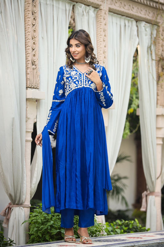 Royal blue super elegant embroidred alia cut kurta set