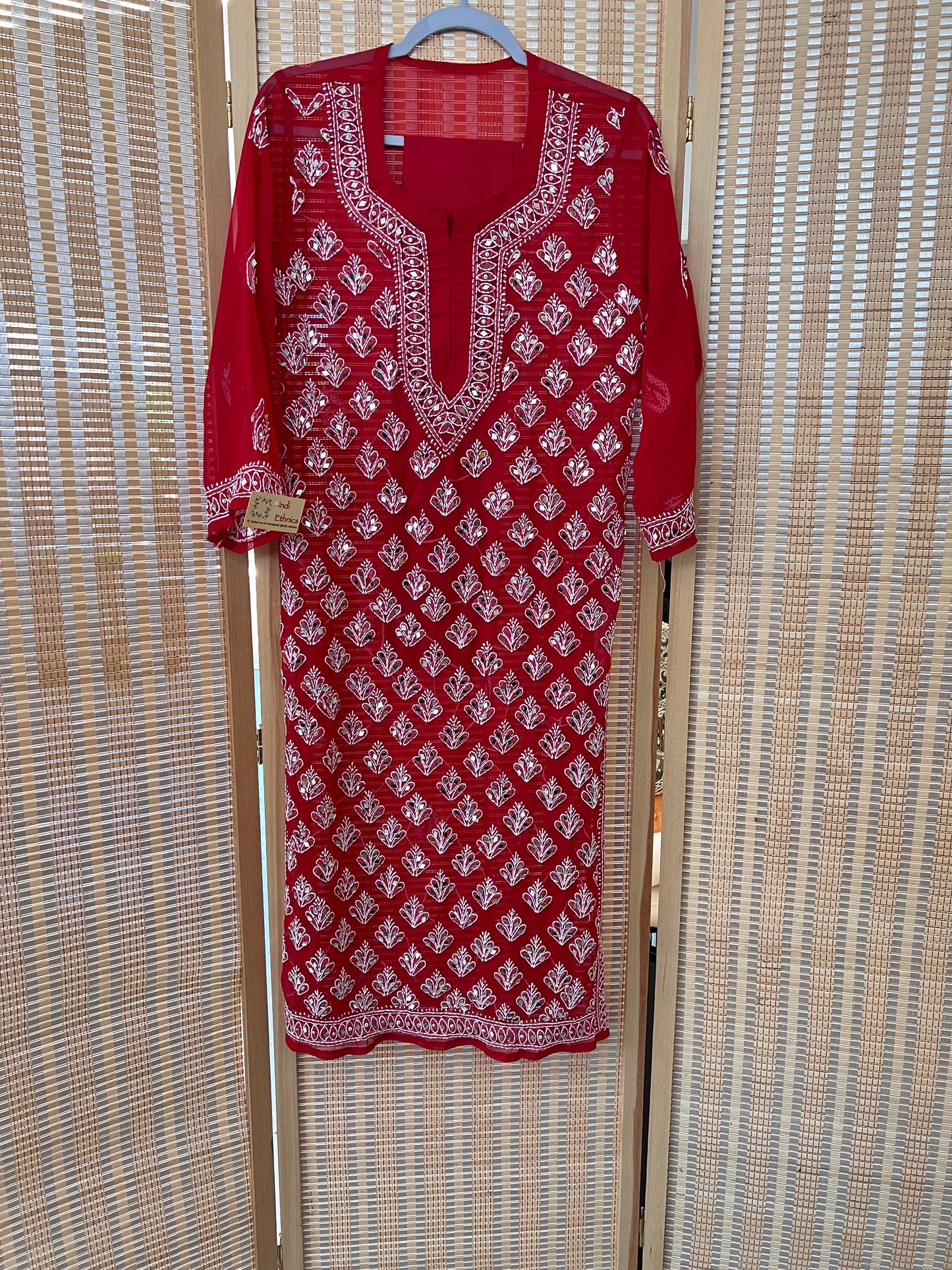 Red chikankari mirror work kurti with lining