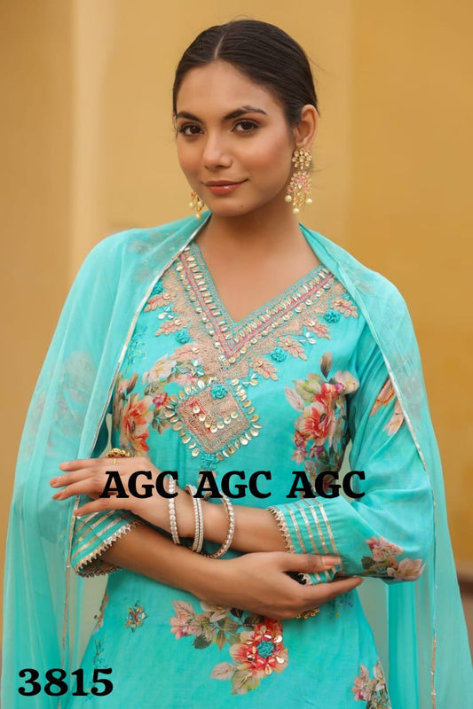 Aqua Blue floral heavy gota work premium fabric sharara suit
