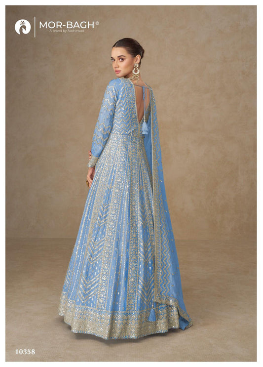 Aqua blue heavy long v neck elegant anarkali gown