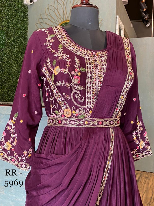 Dark purple wedding wear predraped saree