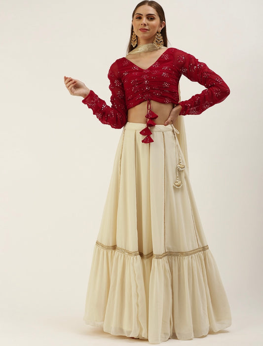 Maroon and off white lehenga choli and dupatta