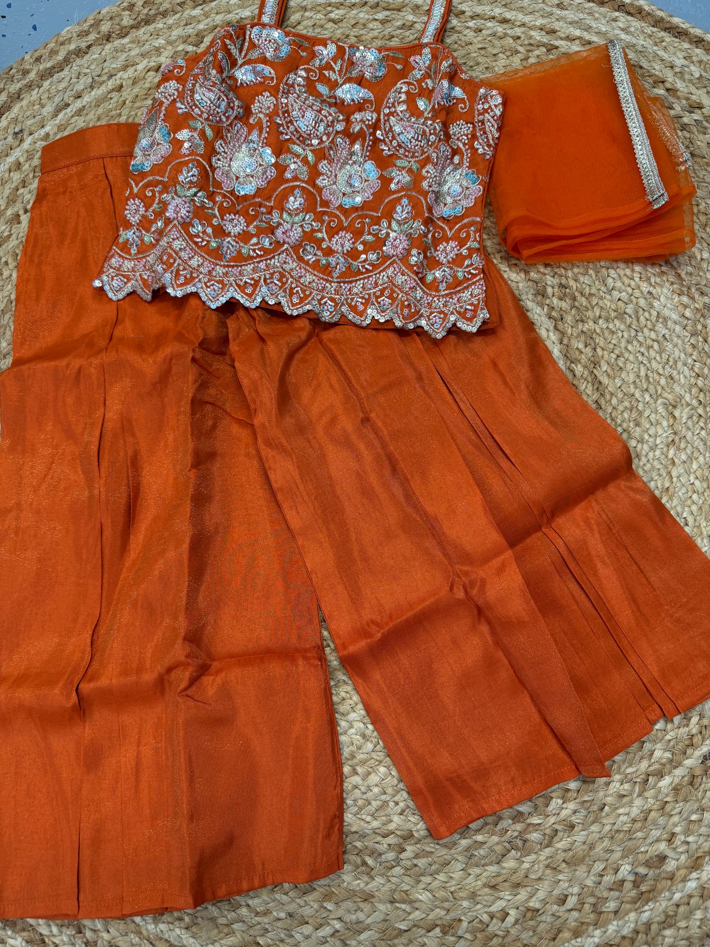 Kids girls burnt orange handwork short top palazzo dupatta