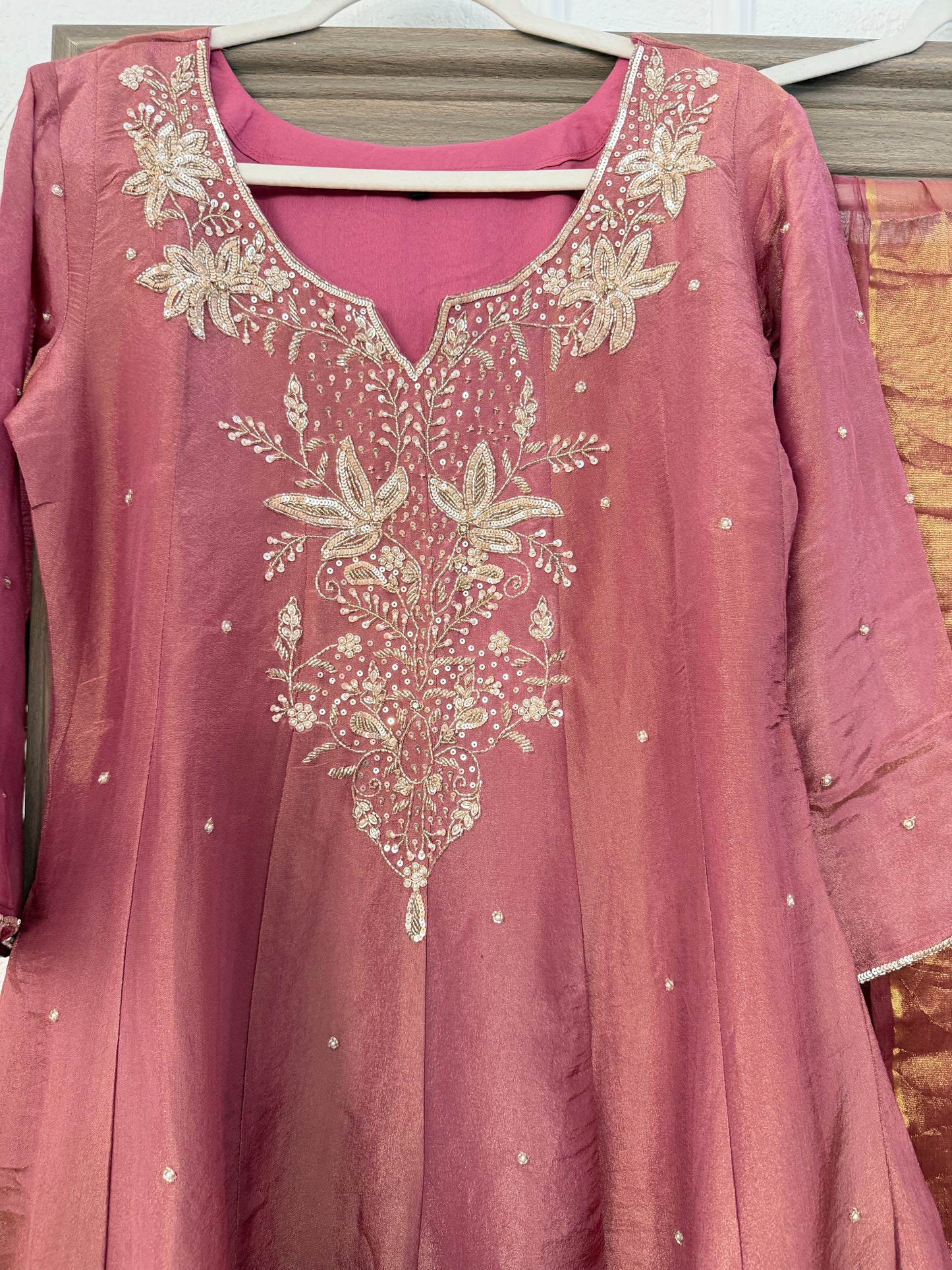 Pink super elegant handwork tissue anarkali kurta set