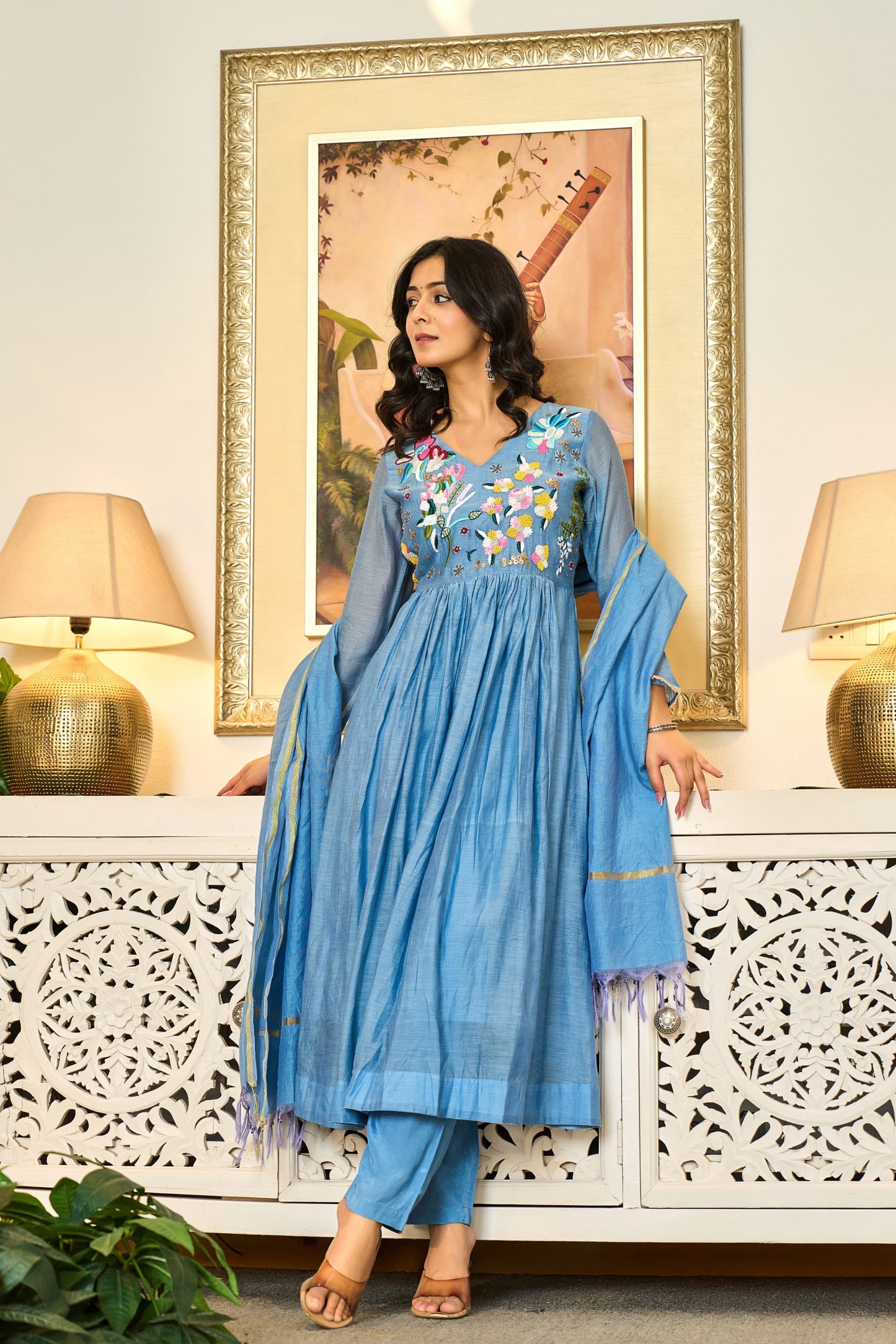 Ice blue pure mul chanderi elegant heavy handwork suit