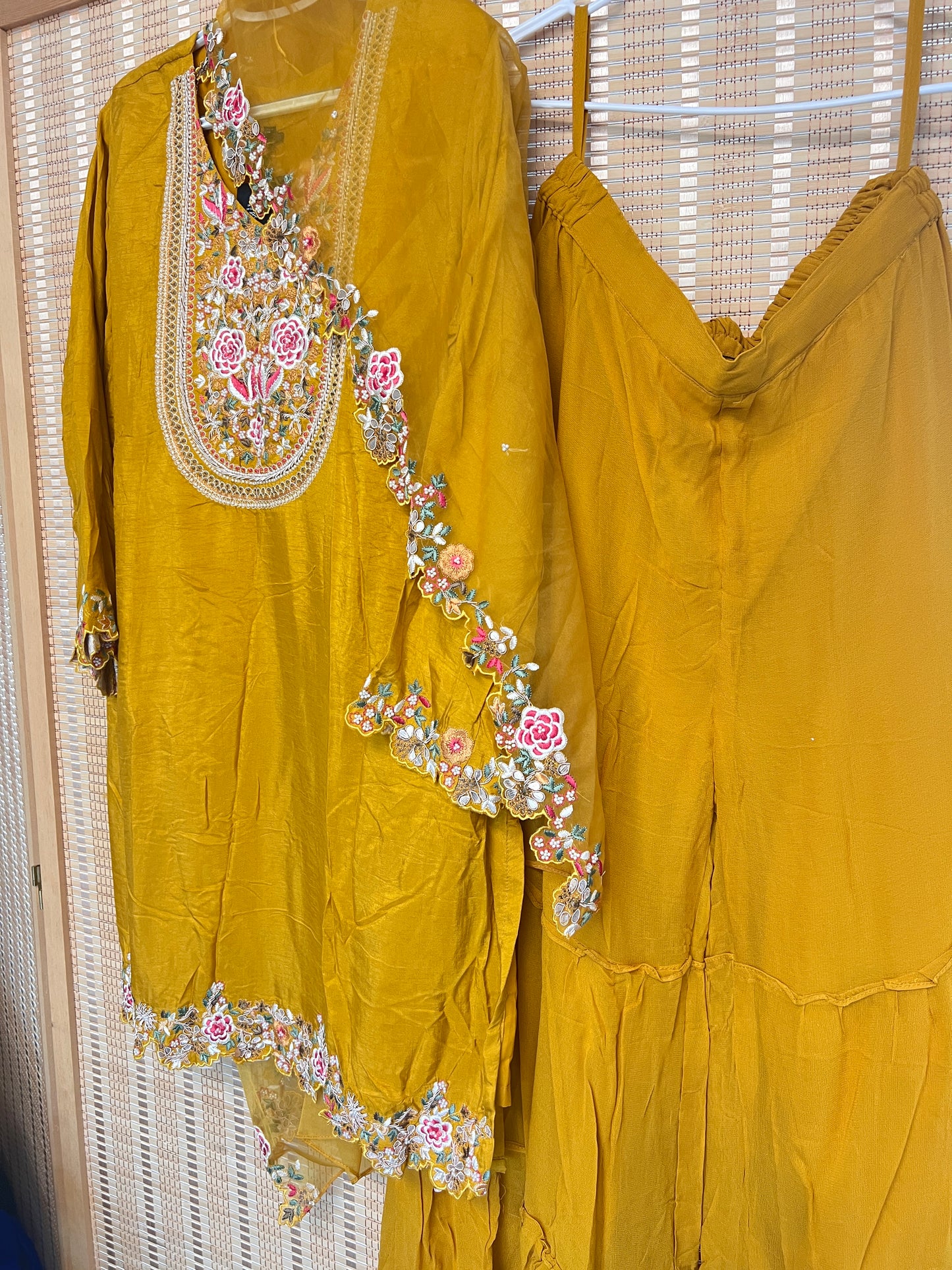 Haldi yellow sharara set with floral embroidery