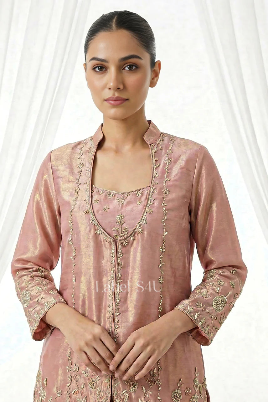 Peachis pink shimmer tissue handwork bustier jacket set