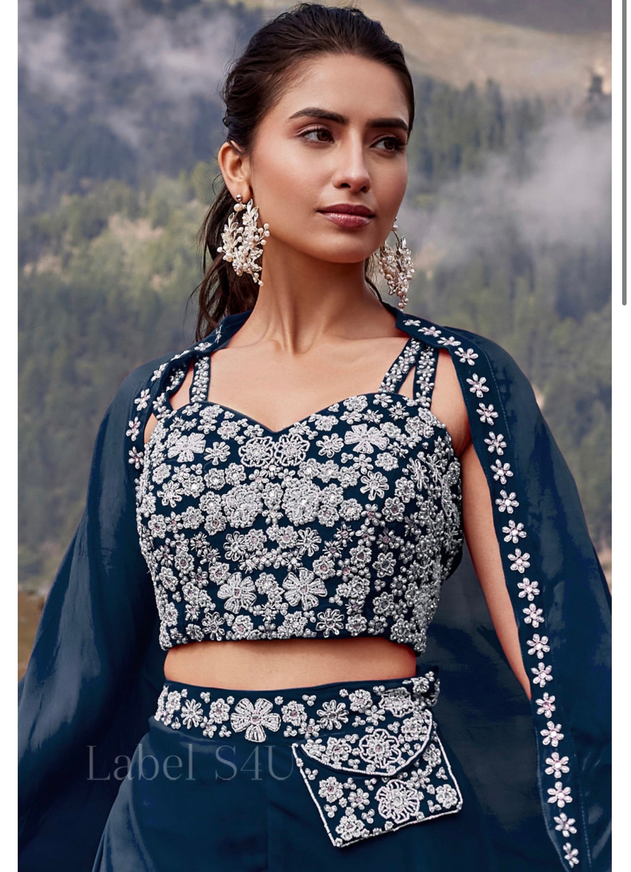 Navy Blue heavy handwork crop top palazzo and shrug indo western outfit