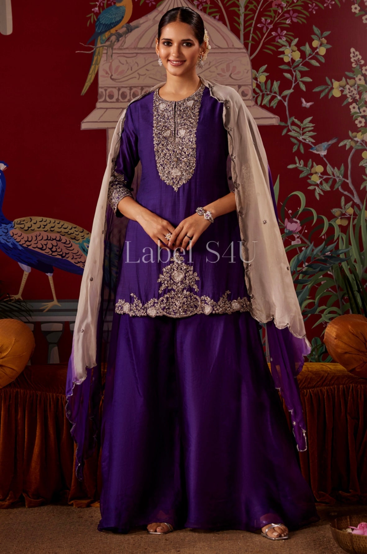 Purple elegant heavy handwork sharara set