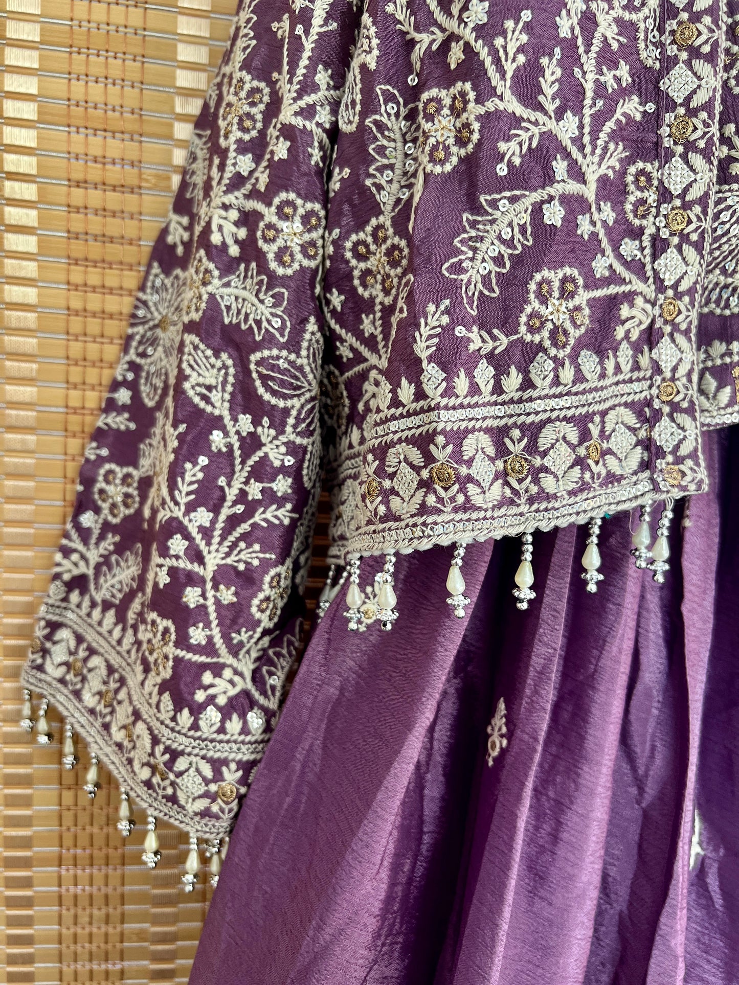 Lavender heavy embroidered crop top jacket partywear lehenga