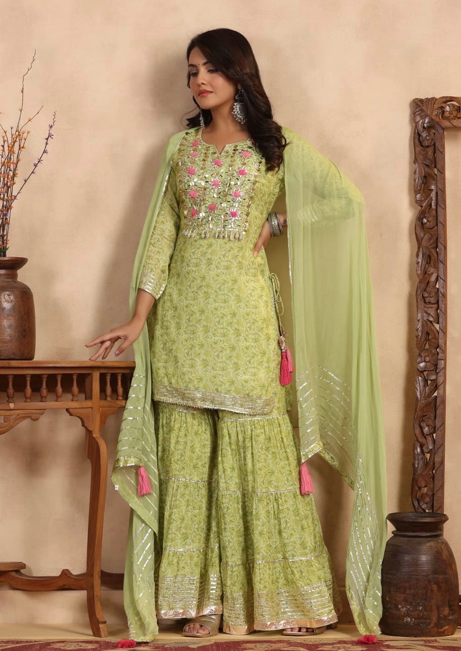 Parrot green heavy gota work premium fabric sharara suit