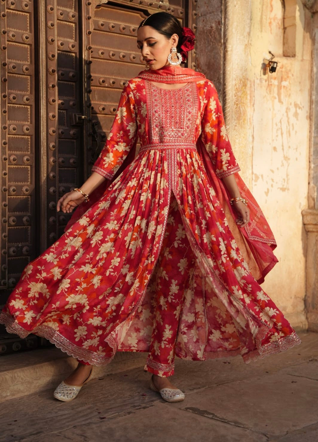 Red Heavy Embroidery Front slit kurta set