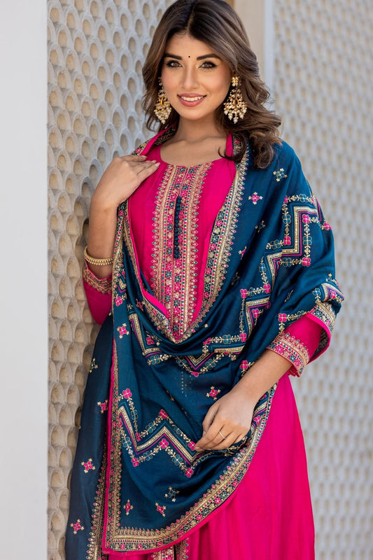 Hot pink and teal heavy embroidered front slit kurta set