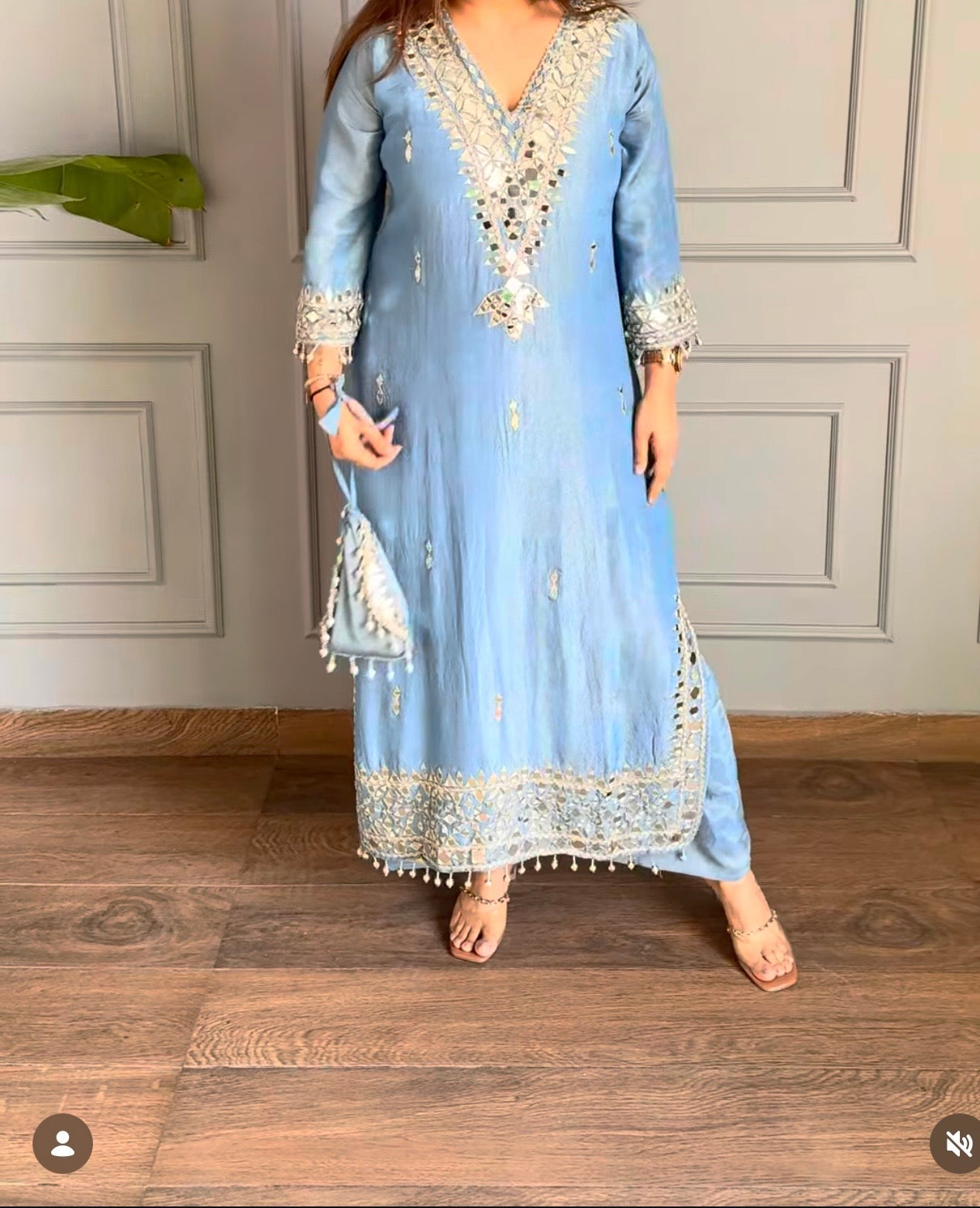 Sky blue heavy real mirror work long co-ord set with potli bag