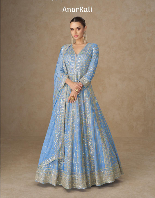 Aqua blue heavy long v neck elegant anarkali gown