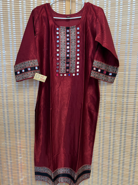Maroon pure gaji silk kacchi work kurti with real mirror work
