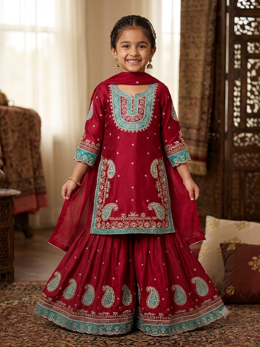 Red maroon heavy partywear sharara suit (fully lined)