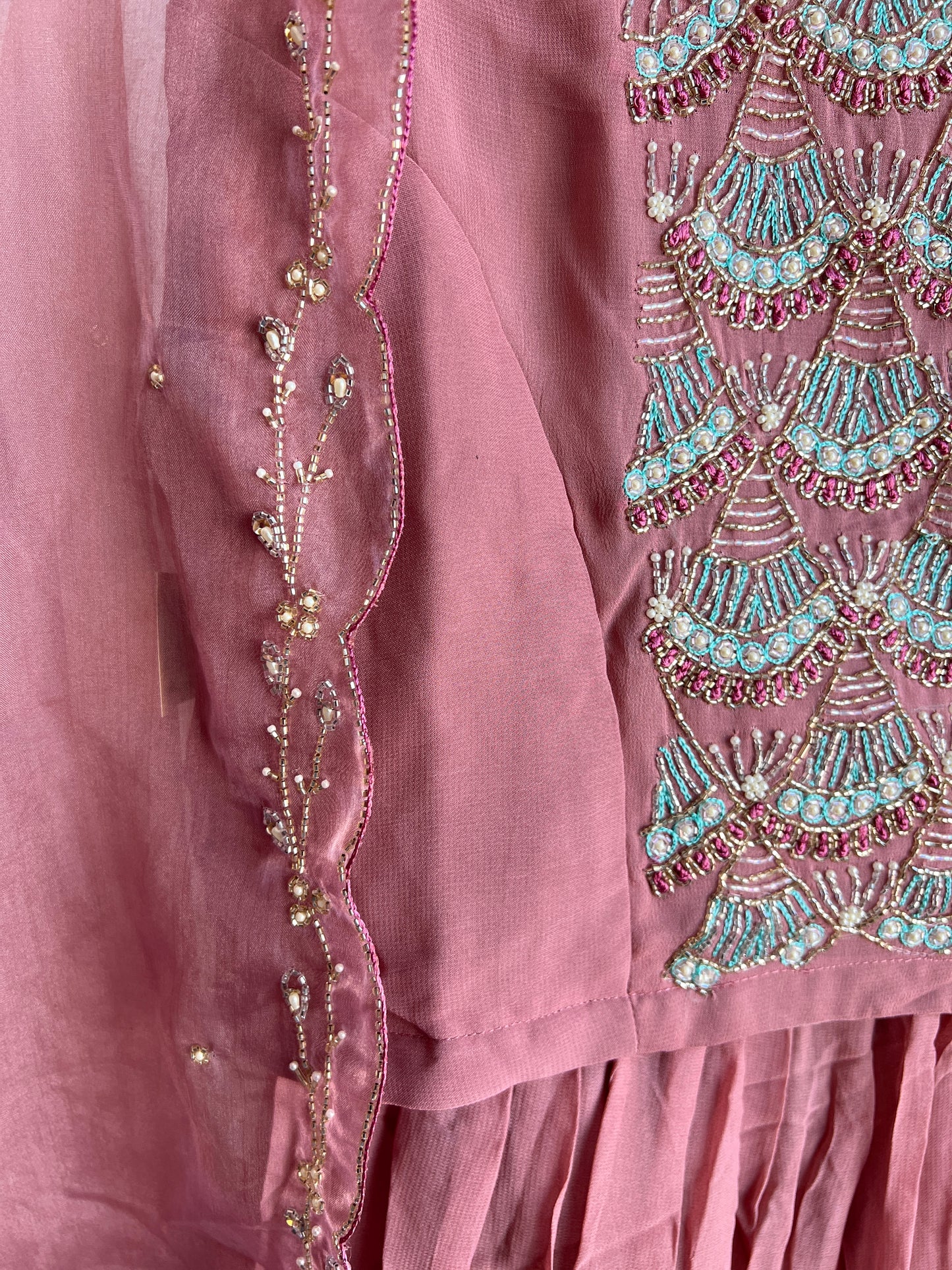 Dust pink handwork crop top skirt and shrug set