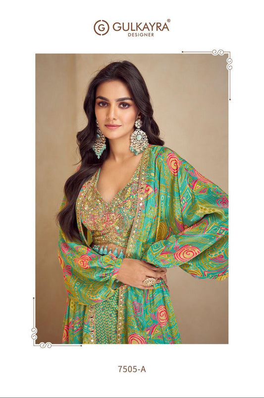 Green crop top divider pants shrug set