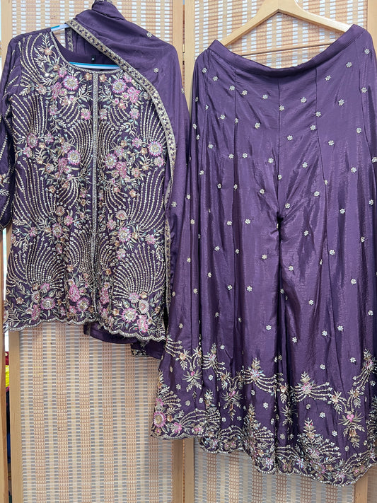 Purple lilac heavy partywear weddingwear sharara suit