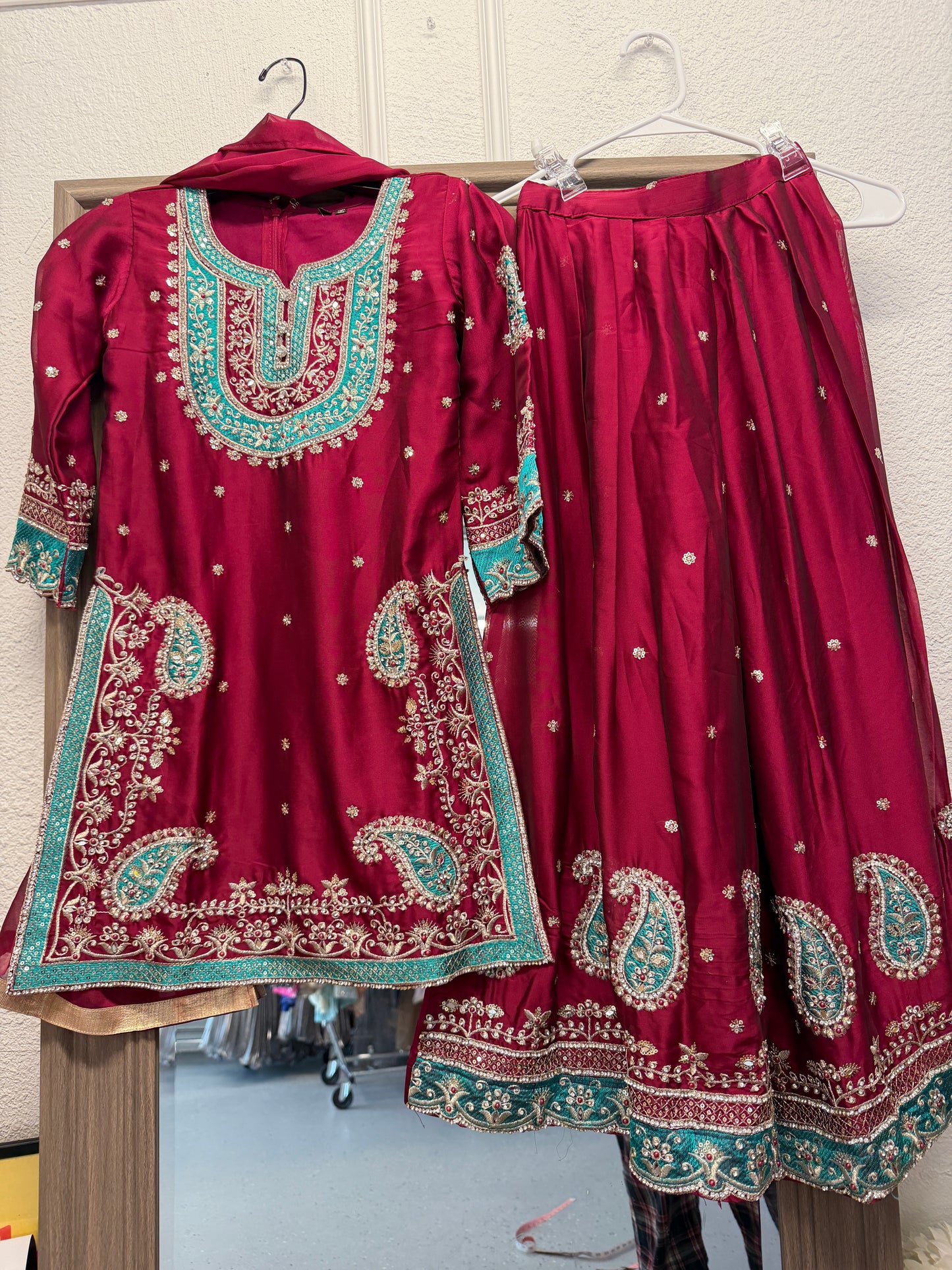Red maroon heavy partywear sharara suit (fully lined)