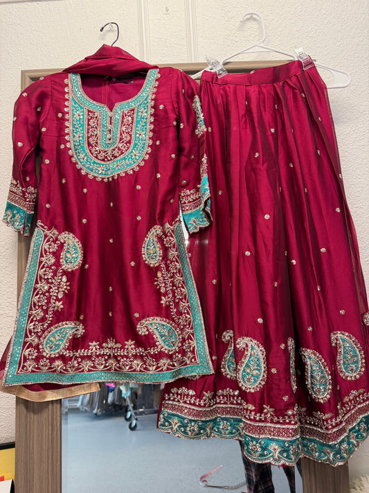 Red maroon heavy partywear sharara suit (fully lined)