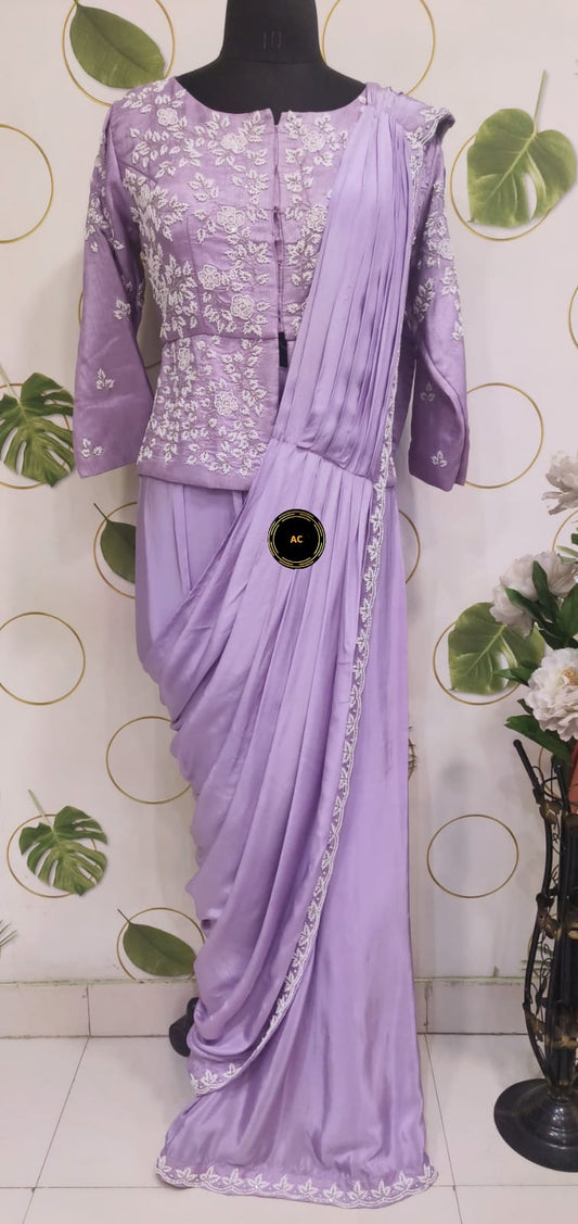 Lavender heavy handwork predraped saree