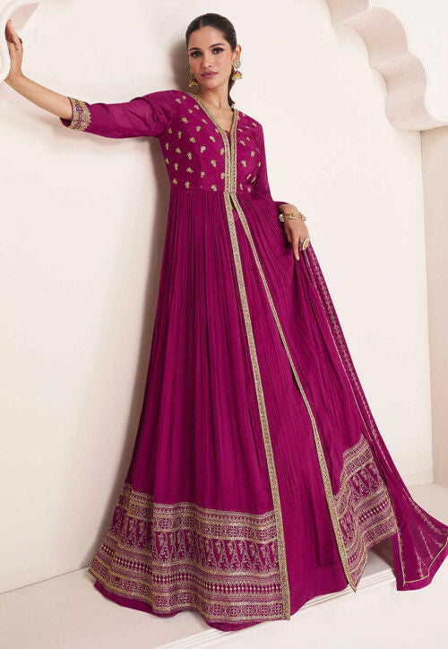 Wine magenta heavy embroidered long front slit gown with skirt and dupatta