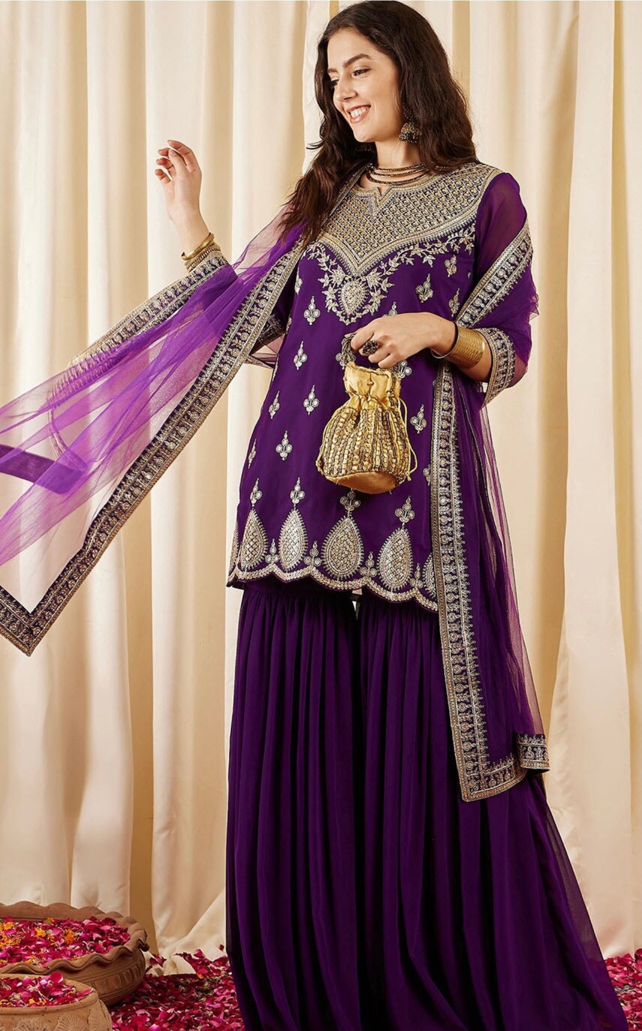 Purple beautiful sequence and zari work sharara suit