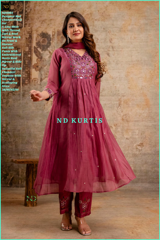 Maroon real mirror work mul chanderi kurta set