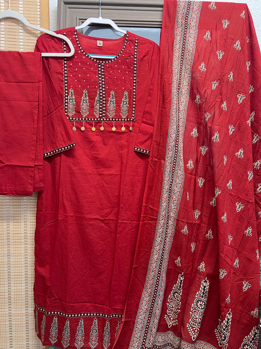 Dark Red pure cotton kurta set with