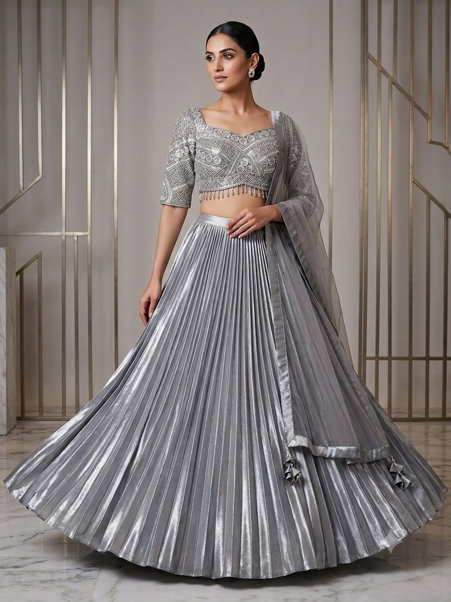 Grey elegant heavy handwork lehenga choli with dupatta