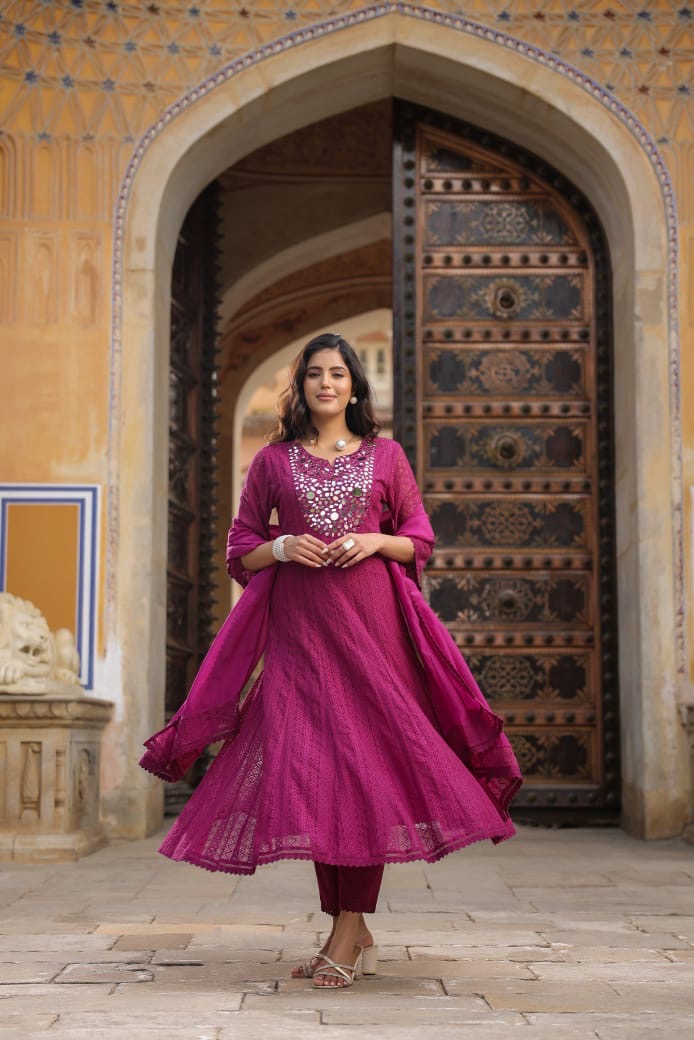 Dark pink real mirror work anarkali kurta set