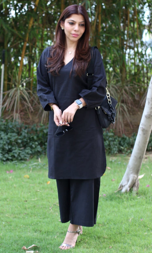Black pure cotton v neck summer co-ord set