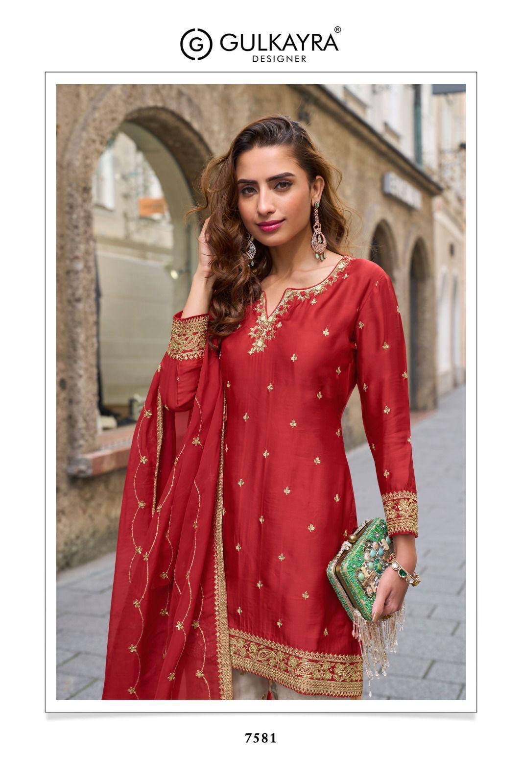 Red beautiful chinnon silk sharara suit