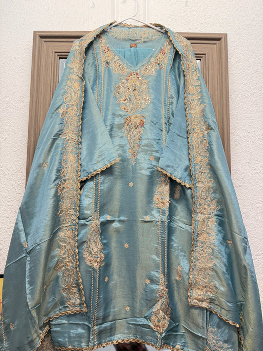 Aqua blue royal zari embroidered suit with heavy dupatta
