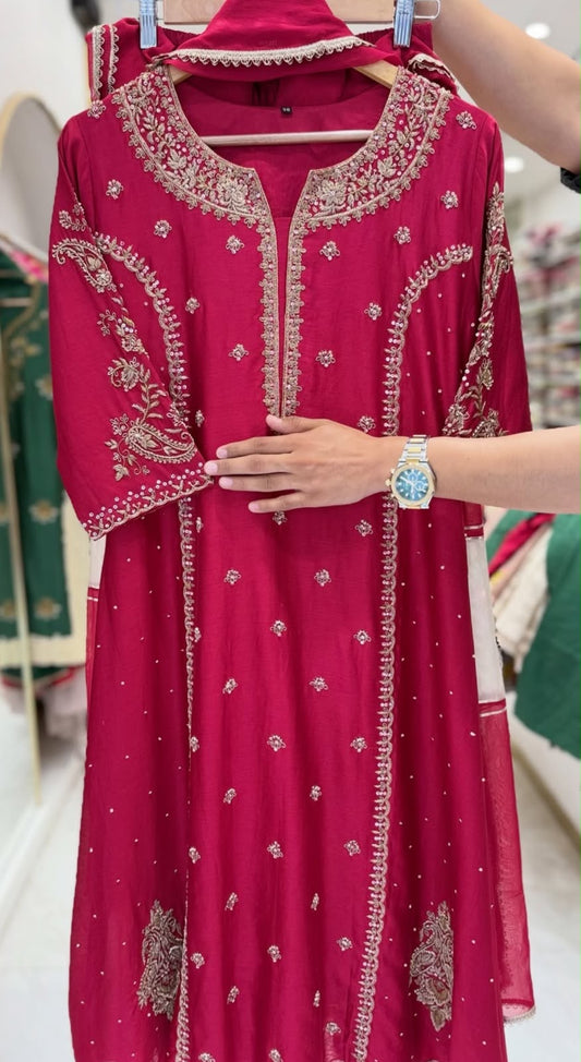 Red heavy jardoshi handwok anarkali kurta set