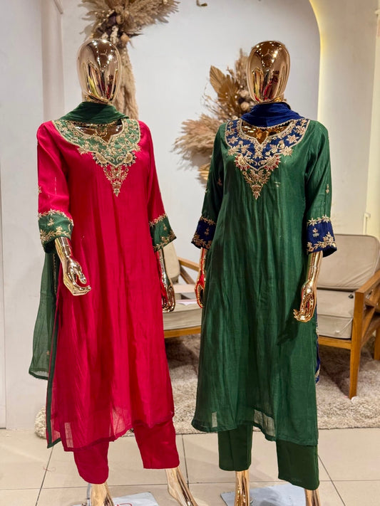 Green elegant pure mul chanderi heavy handwork kurta set